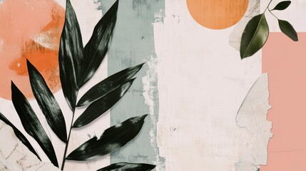 Poster - Abstract art collage with tropical leaves, textured background, and pastel circles.