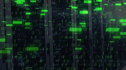 Poster - At one second mark server racks receiving binary streams with sliding blocks visualizing data flow