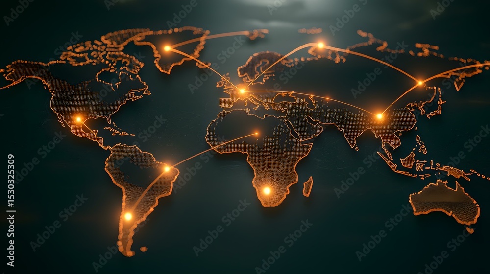 The image shows a stylized world map with glowing orange lines ...