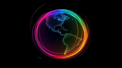 Poster - Vibrant rainbow rings encircle a translucent Earth, showcasing the Americas against a black background.