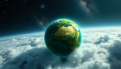 Wall Mural - Blue planet Earth, a radiant sphere in the vast blackness of space, with continents and oceans illuminated by the sun's light