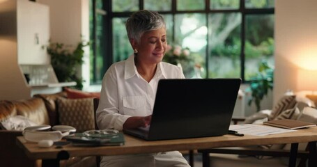Poster - Remote work, night and mature woman on laptop with creative story, copywriting or deadline. Late, brainstorming or writer typing with technology in home for news report, email or proofreading article