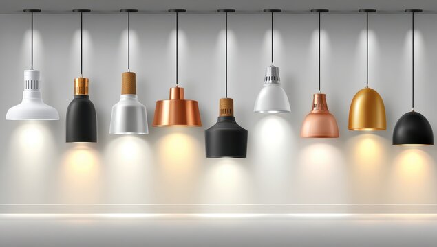 Row of hanging lamps, various metallic finishes, spotlights on wall