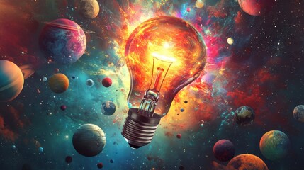 Poster - A bright light bulb explodes with cosmic energy amidst planets and nebulae, symbolizing innovative ideas and universal creativity.