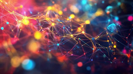 Fototapete - Digital Network Nexus: An artistic representation of interconnected nodes and luminous threads, weaving a complex network against a vibrant, multicolor backdrop.