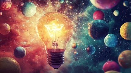 Poster - Glowing lightbulb amidst vibrant nebula and planets, symbolizing cosmic discovery and innovative ideas.