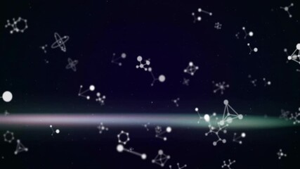Poster - Soft blue-green band emerging, white molecular clusters drifting and pulsing, visualizing network