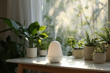 Poster - Mist Diffuser and Lush Green Plants on a White Table in Soft Morning Light Create a Tranquil Atmosphere