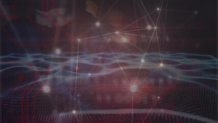 Poster - Opening dark virtual space initiating glowing nodes and waveform pulsing showing network data flow