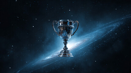 Poster - A shiny silver trophy stands against a backdrop of a vibrant blue and white cosmic nebula and stars
