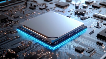 Fototapete - A detailed close-up showcases a modern computer processor placed on a circuit board. The surrounding electronic components are illuminated by a soft blue glow, creating a high-tech atmosphere.