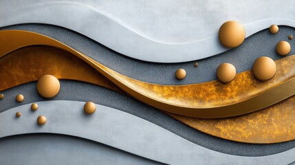 Poster - A contemporary wall installation showcases flowing curves in gold, silver, and gray tones. Circular accents add depth, creating a harmonious and modern artistic expression.
