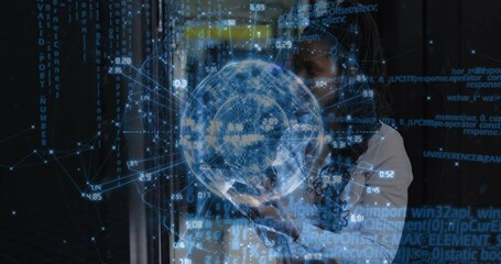 Poster - Tech woman activating holographic globe appearing in hands, rotating nodes, expanding data network