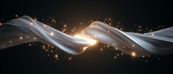 Poster - A shimmering white fabric ribbon flowing against a dark background with golden sparkling particles around it