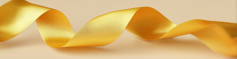 Poster - A close up of a wavy gold ribbon on a light beige background with soft shadows and bright highlights