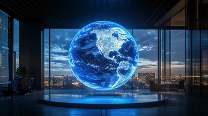 Poster - Holographic Earth globe in modern office, night city view.