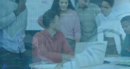 Poster - Seated man starting laptop scrolling charts to business review while team pointing at data overlays