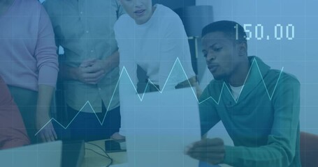 Poster - Business presenter in green hoodie picking up chart and examining line graph overlay guiding team