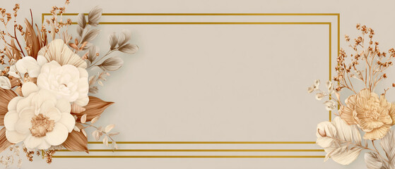 Poster - Floral arrangement with white and beige flowers and golden frame on a light beige background