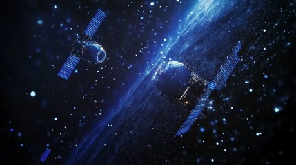 Poster - Two satellites orbiting Earth, surrounded by stars and cosmic dust.