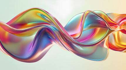 Poster - 3d abstract liquid glass transparent clear ribbon chromatic fold wave line render. Rainbow fluid flow curve shape with light holographic gradient texture. Flying glossy design element Stock Illustrati