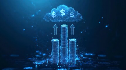 Poster - Digital currency cloud storage; money stacks increasing value online; financial technology concept.