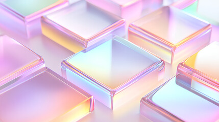 Poster - 3d glass holographic transparent square plate shapes on pastel macro background. Abstract geometric blocks with rainbow color gradient, dispersion light render. Digital tech banner. 3D illustration St
