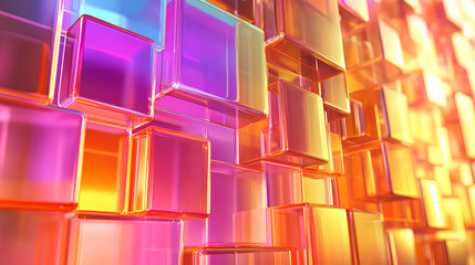 Poster - Abstract 3d background wallpaper with glass and plastic square plates, colorful light iridescent neon holographic gradient. Transparent and orange cube shapes, digital tech banner Stock Illustration