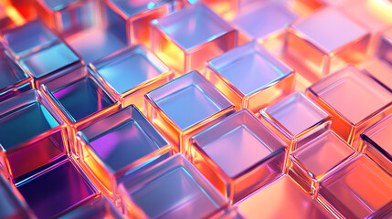 Poster - Abstract 3d background wallpaper with glass and plastic square plates, colorful light iridescent neon holographic gradient. Transparent and orange cube shapes, digital tech banner Stock Illustration