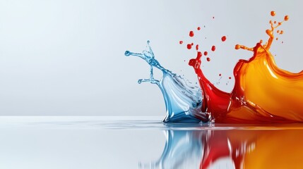 Poster - Colorful liquids in blue and orange collide and splash, creating intricate patterns and reflections on a smooth surface in a light setting. This vibrant interaction showcases artistic fluid dynamics.