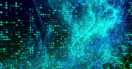 Poster - Particle stream emerging from lower left winding through neon grid, visualizing fluid data flow