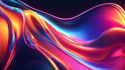 Poster - Abstract 3d background with liquid glass holographic transparent lines. Rainbow ribbons neon gradient tapes with dispersion light. Iridescent fluid flow curve shapes render banner Stock Illustration