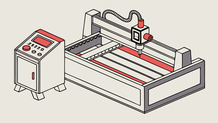 Isometric view of a cnc machine with a control panel showing a display and buttons in red color scheme