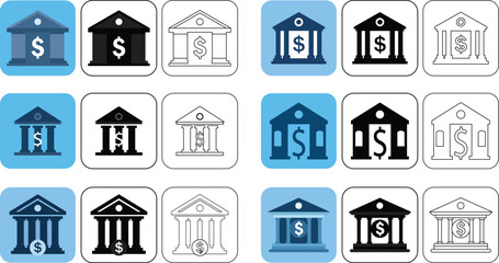 Poster - Diverse set of bank icons featuring dollar symbols in various styles and colors on square backgrounds