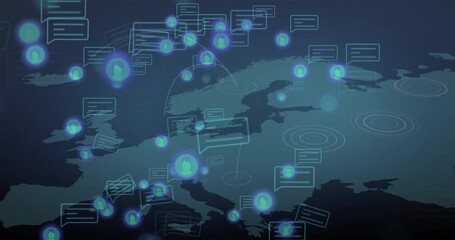 Poster - After map load, message icons and user avatars drifting across Europe, showing network growth
