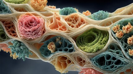 Poster - A stunning close-up reveals vibrant colors and complex shapes of cells in a biological sample, showcasing the intricate details and patterns under extreme magnification.