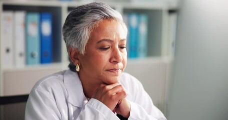 Poster - Thinking, doctor and woman on computer for healthcare, reading results or doubt. Serious, mature and medical professional planning for problem solving, insight or solution for diagnosis in clinic