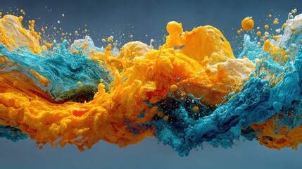 Poster - Vivid shades of orange and blue swirl together in an energetic explosion of color, capturing the motion and fluidity of paint in a creative art environment.
