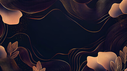 Poster - Vector abstract gold line wave pattern, luxury elegant frame with organic fluid elements. Japanese soft cards, organic leaves, flow curve glitter, clouds 