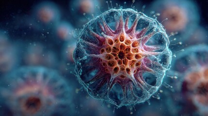 Poster - A close-up view of a virus captured in a laboratory environment, showcasing its complex structure with detailed spikes and surface textures illuminated by scientific lighting.