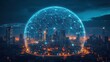 © Alief Shop - Futuristic Glowing Globe Over Cityscape at Night, Network Connection Concept