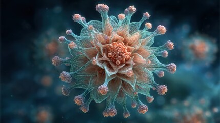 Poster - A close-up of a virus displaying its intricate design, colored textures, and spiky structures. The image highlights the biological complexity in a vivid portrayal of microscopic life.