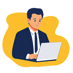 Poster - Business man in dark suit using laptop computer working on digital technology flat vector illustration with yellow background
