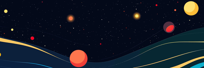 Poster - Abstract cosmic space scene with colorful planets, stars, dark galaxy background, digital vector flat minimalistic illustration of outer space universe celestial bodies