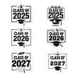 © Foysal - A vector set of black and white class of 2025, 2026, and 2027 graduation badges with caps and diplomas in bold design styles
