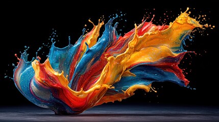 Poster - An explosion of bright paint splashes radiates in vibrant colors, showcasing dynamic patterns and textures. The design captures energy and creativity against a dark backdrop.