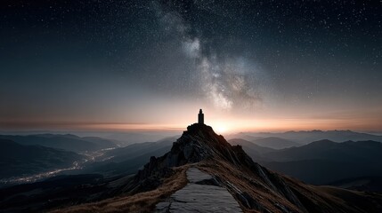 Wall Mural - A majestic view of a historical tower atop a mountain peak under a starry sky. The twilight hues blend with the dark silhouettes of distant mountains and a glimmering valley below.