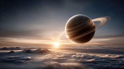 Wall Mural - A breathtaking celestial display shows Saturn illuminated by the early morning light as it rises above a sea of clouds. Mountains can be seen faintly in the background, creating a serene atmosphere.