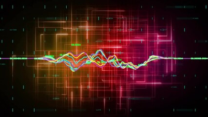 Poster - At start oscillations appearing, lines rising merging splitting showing signal flow on neon grid