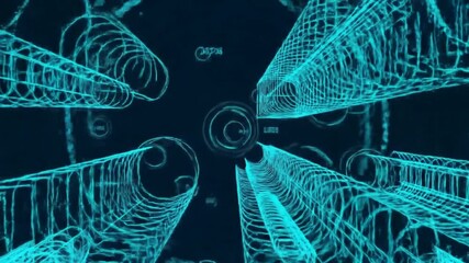 Poster - Abstract Turquoise Geometric Structures Against Navy Blue Data Overlay Futuristic Design